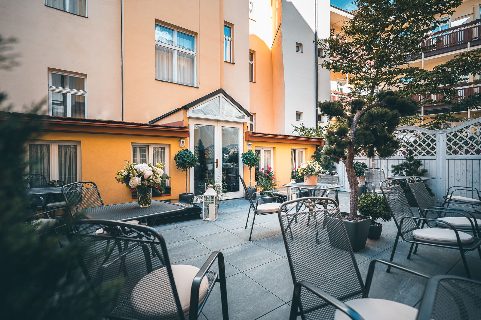 Courtyard terrace at Hotel Haštal Prague