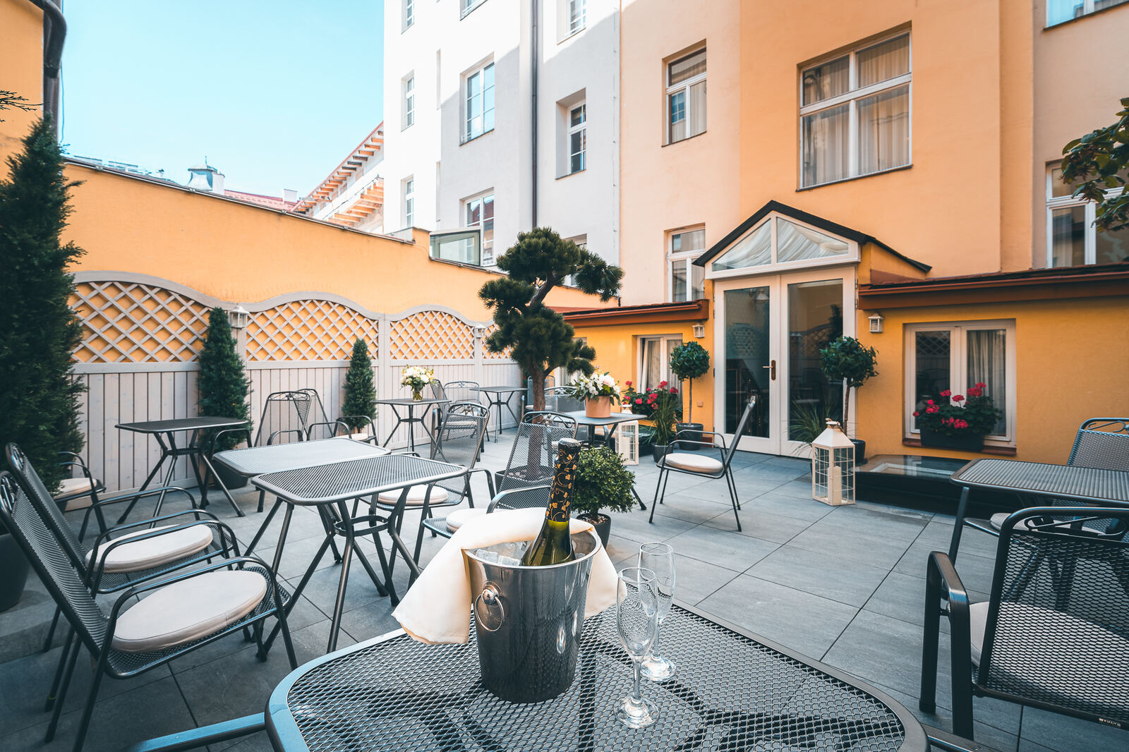 Garden terrace at Hotel Haštal in Prague Old Town