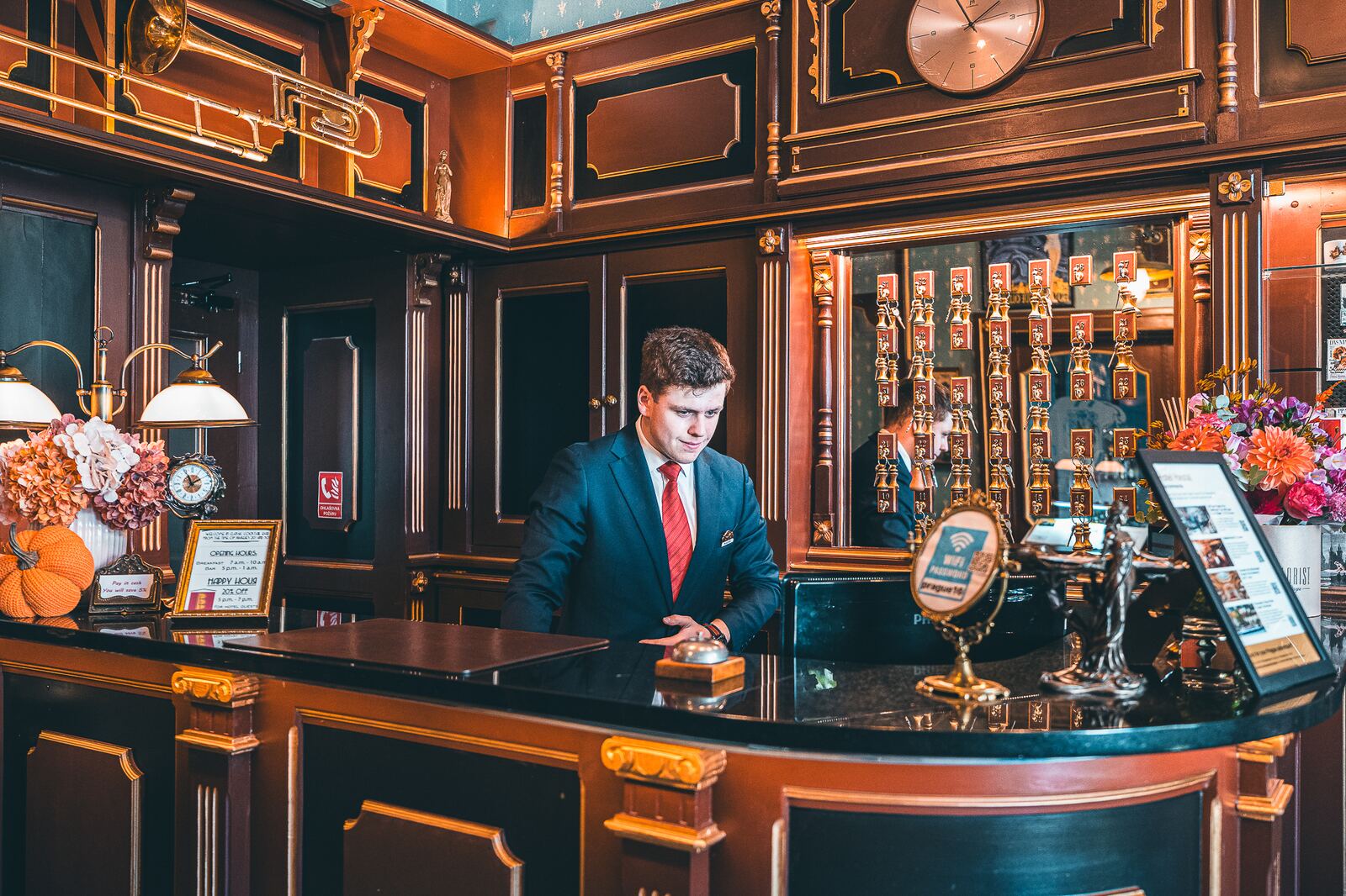 Reception desk at Hotel Haštal Prague