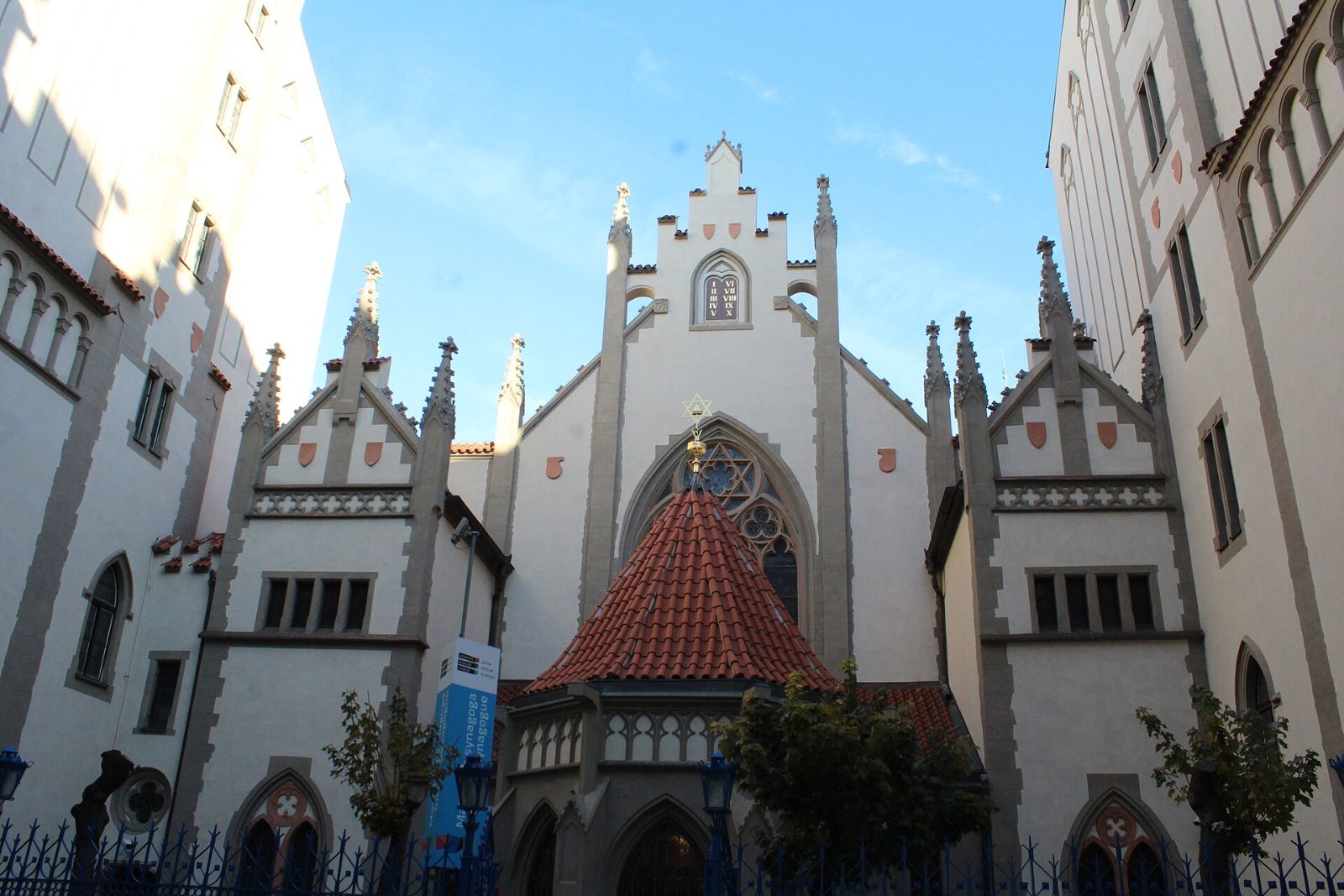Neo-Gothic facade of the Maisel Synagogue on Maiselova Street in Prague